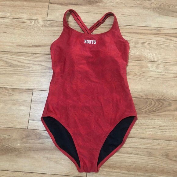 Roots Swim Roots One Piece Bathing Suit Medium Red Leaves Built In